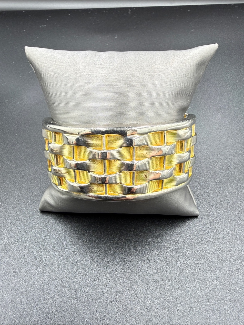 Two Tone Gold and Silver Basket Weave Wide Hinged Bangle Bracelet